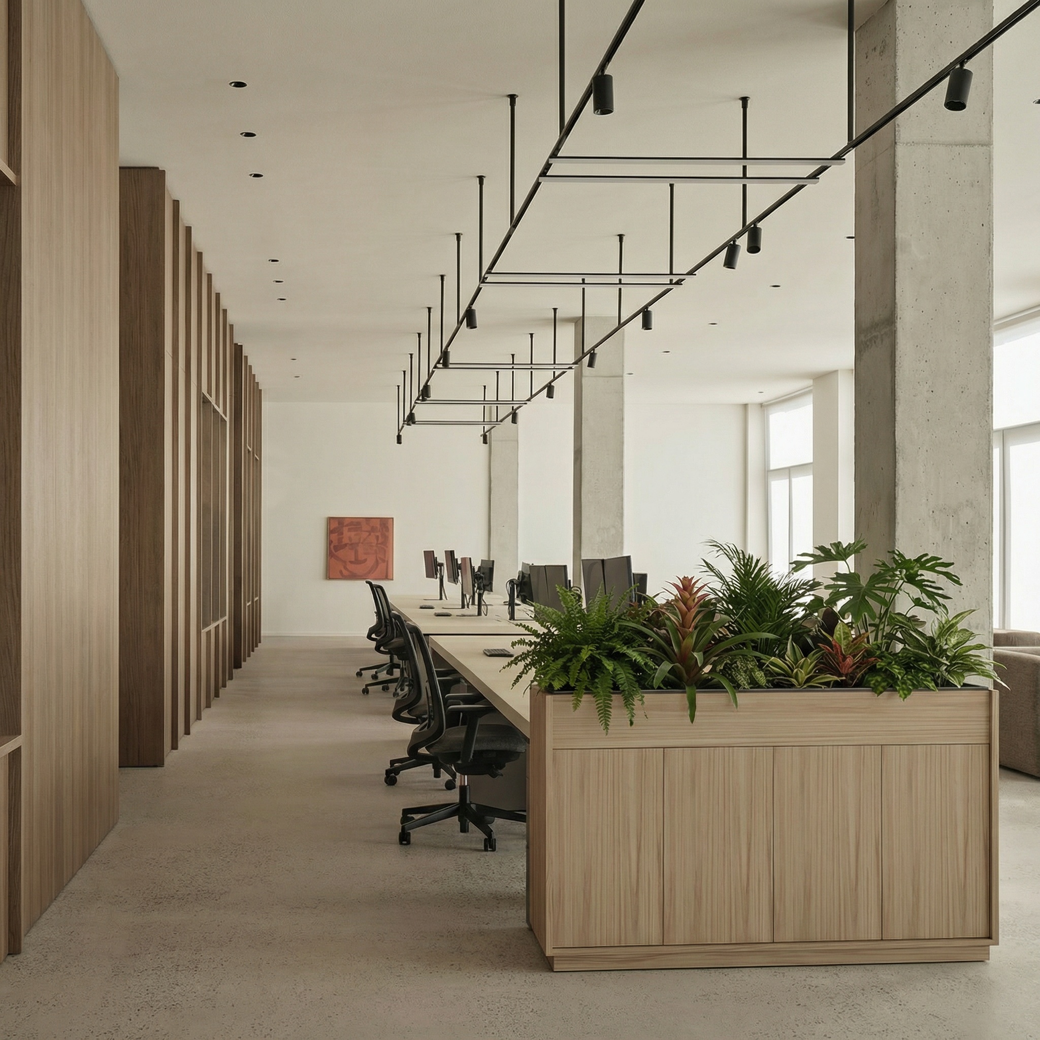 licht eiken Moduplanter plantenbak in modern kantoorinterieur met groene kunstbeplanting