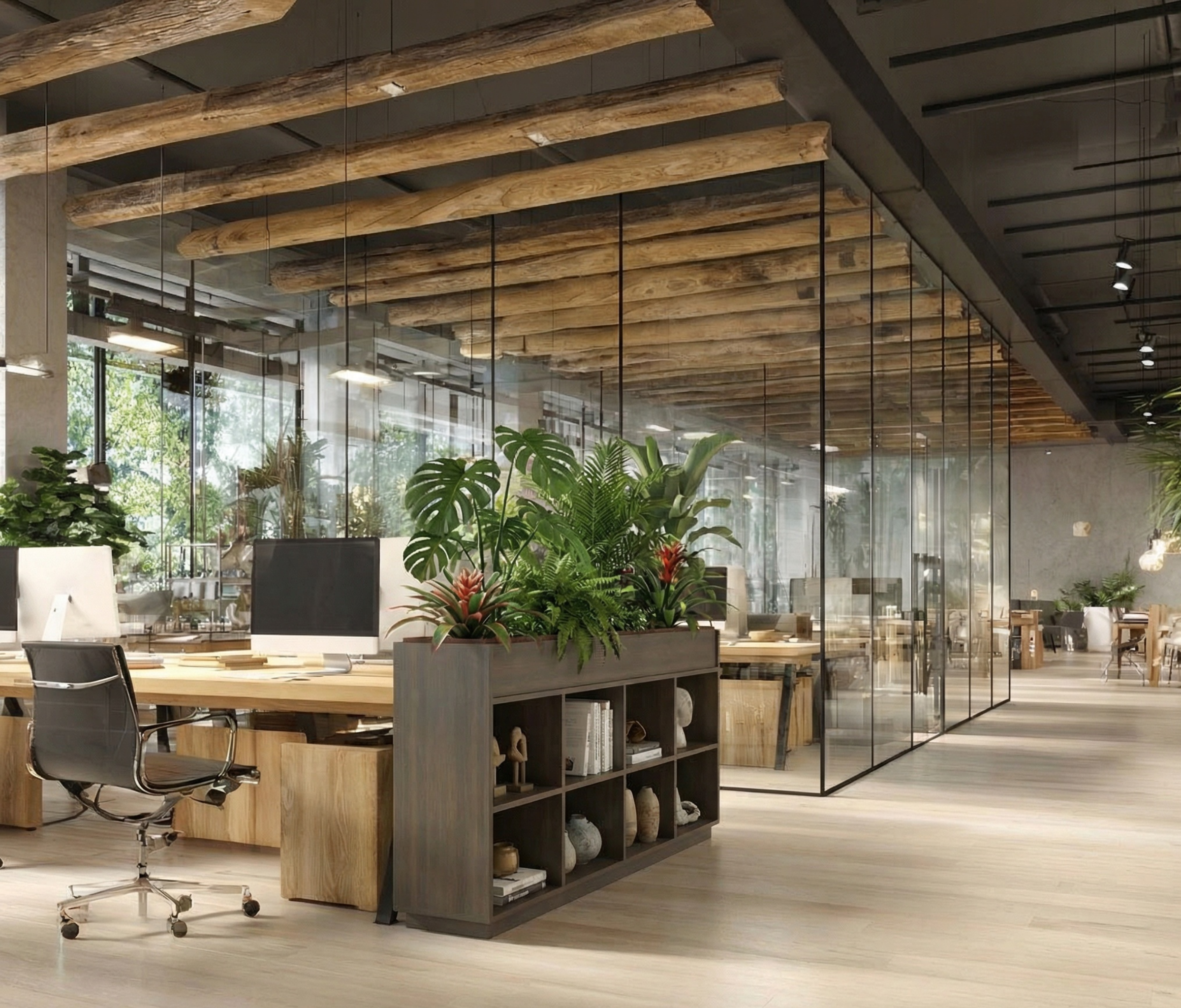 Donker eiken fineer plantenbak in modern kantoorinterieur met groene beplanting