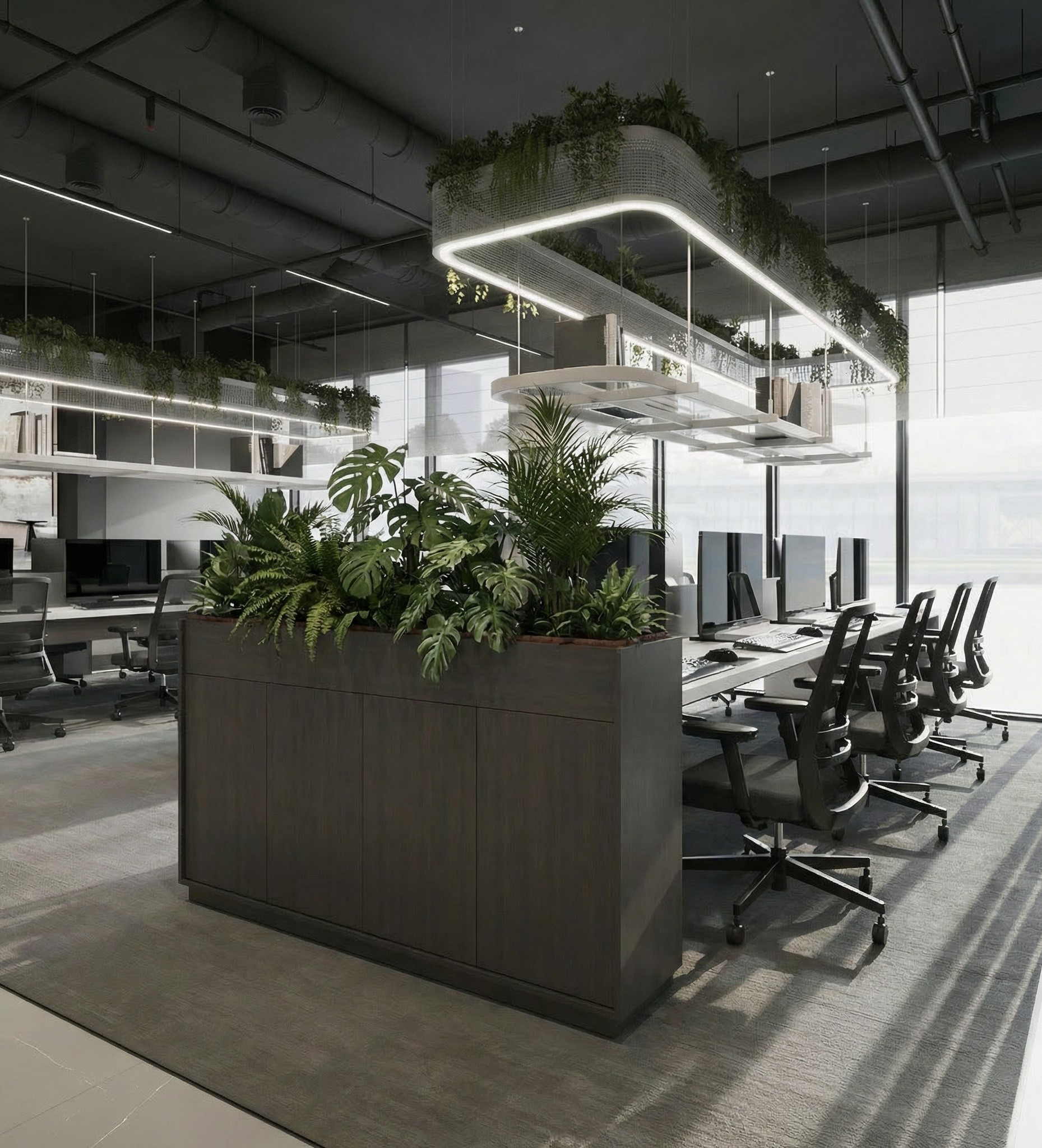Maatwerk Moduplanter plantenbak in modern kantoorinterieur met groene beplanting