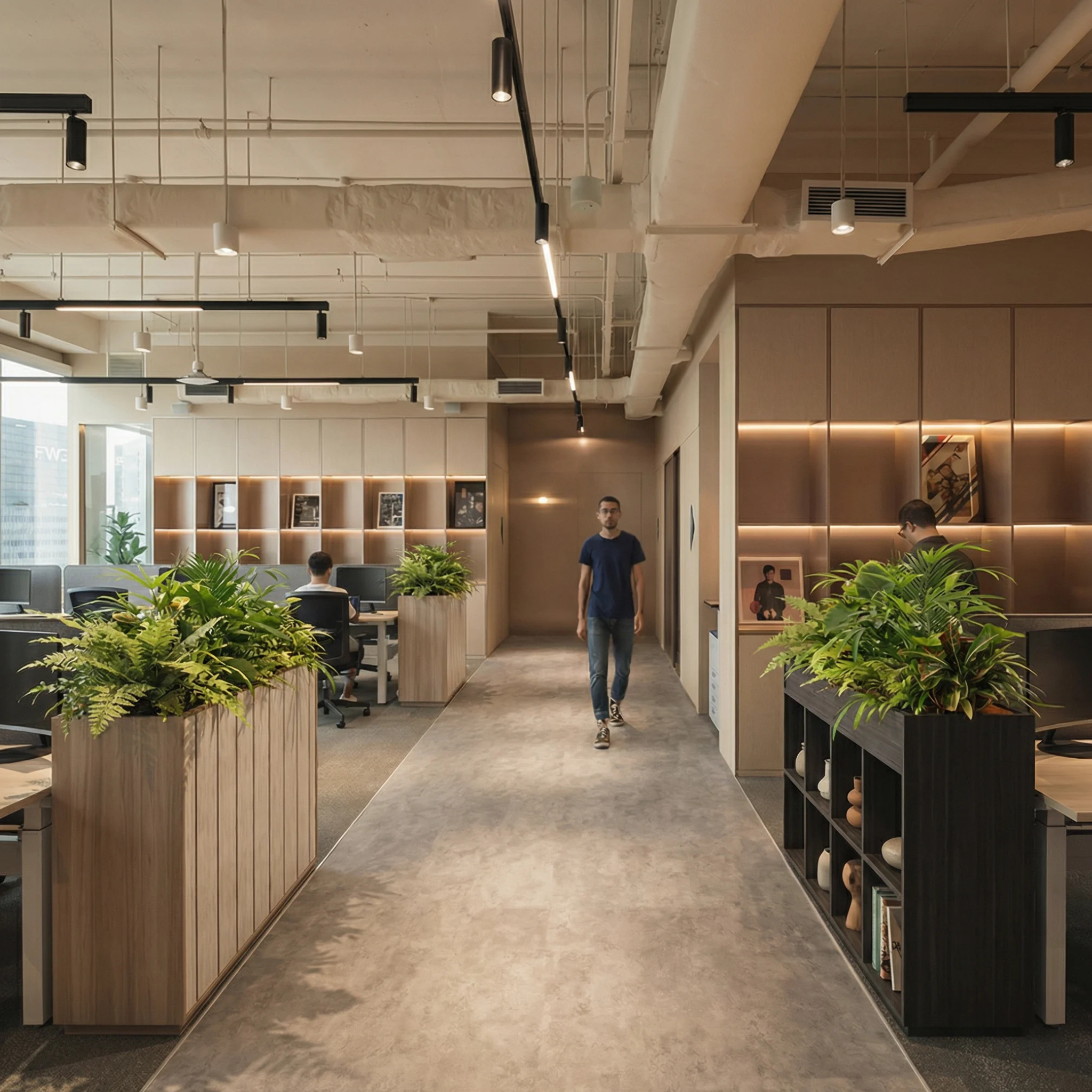 eiken maatwerk Moduplanter plantenbak in modern kantoorinterieur met groene beplanting en akoestische panelen