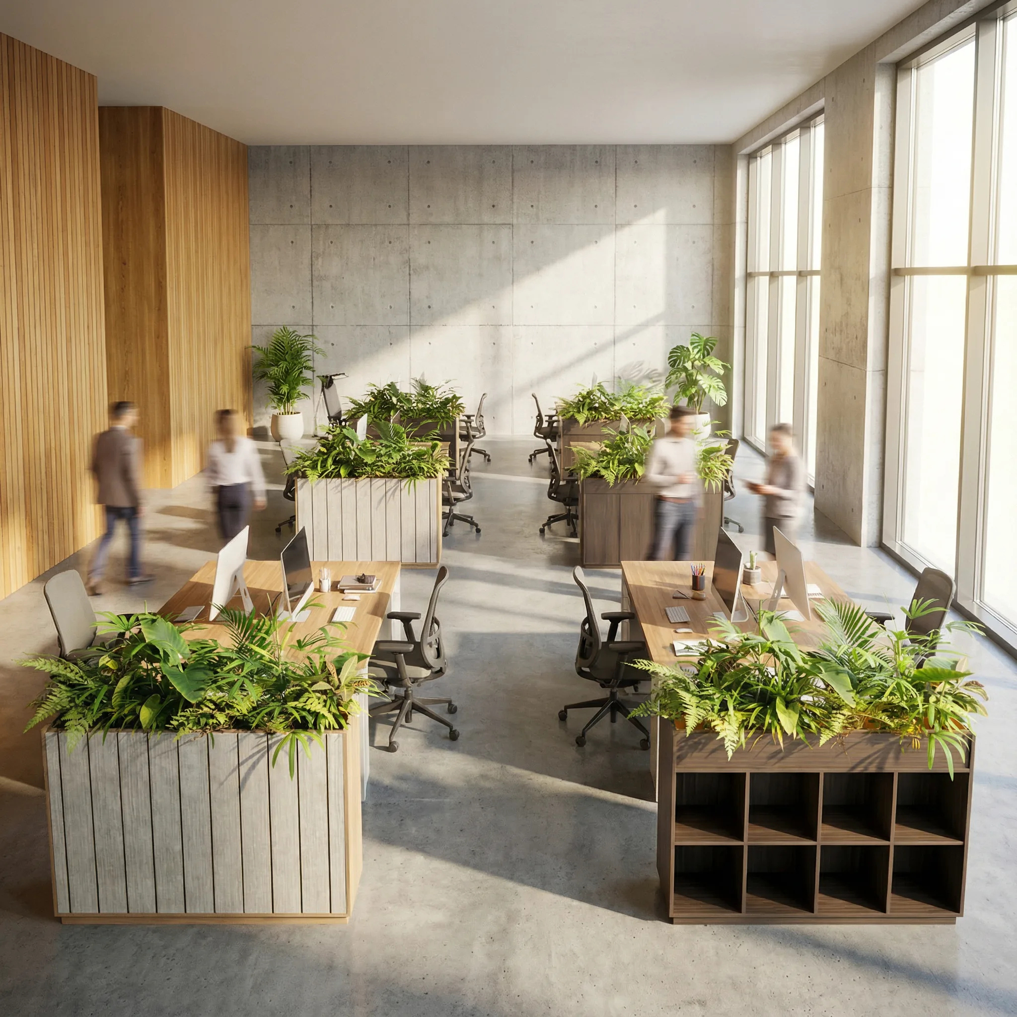 Maatwerk Moduplanter plantenbak in modern kantoorinterieur met groene beplanting. open vakken voor decoratie en akoestische panelen.